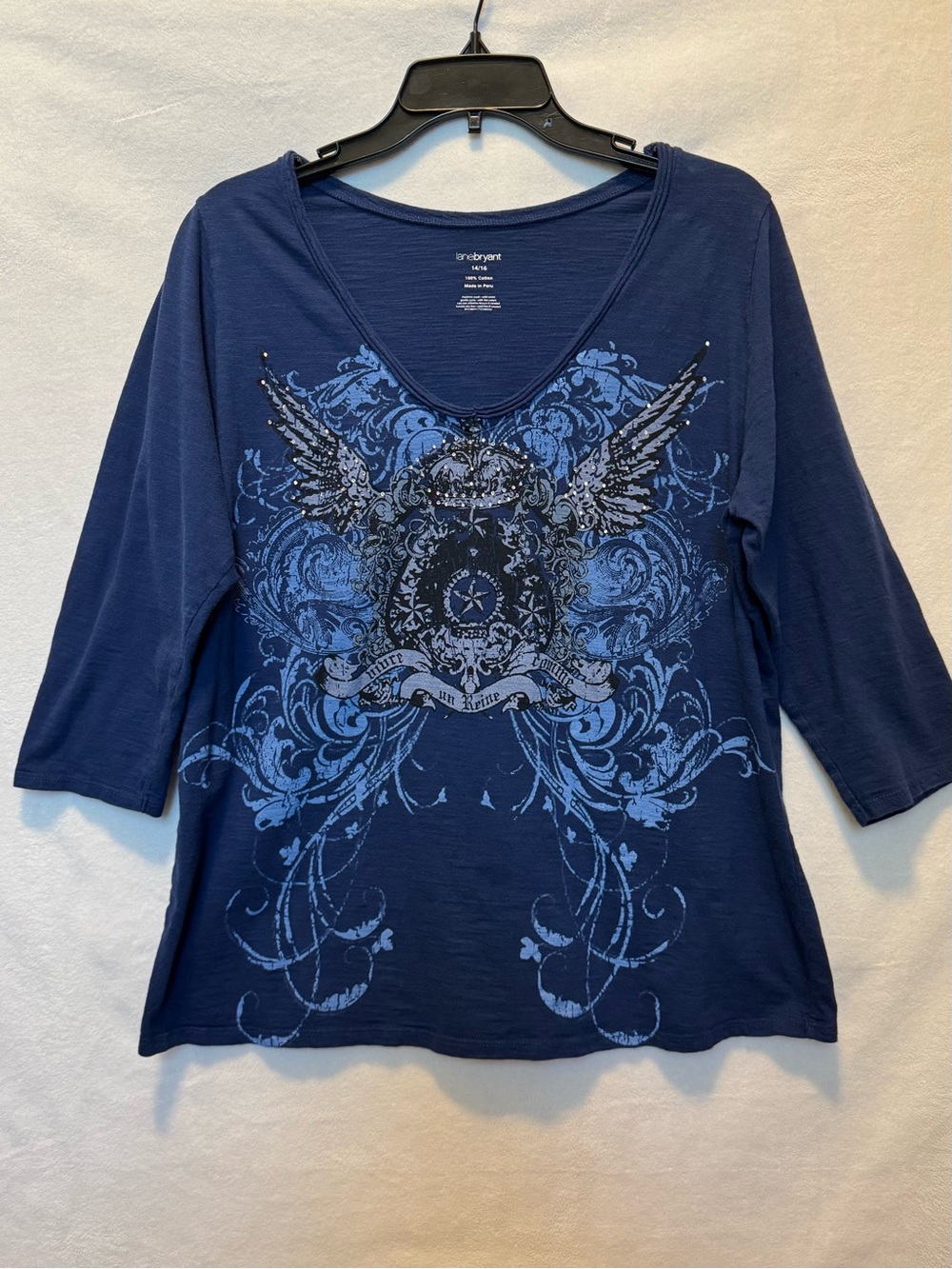 Lane Bryant Graphic Tee Size 14-16 Blue Y2K Rhinestones 3/4 Sleeve Whimsigoth
